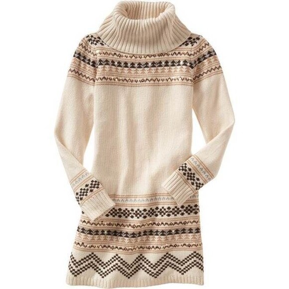 Gap kids girls sweater tunic dress cowl turtleneck fair isle cream brown 5 6 7